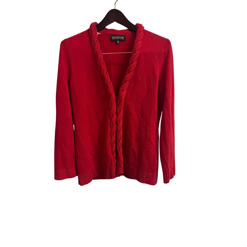 Jones New York Collection 100% Cashmere Red Cardigan Sweater Braided Trim Size S